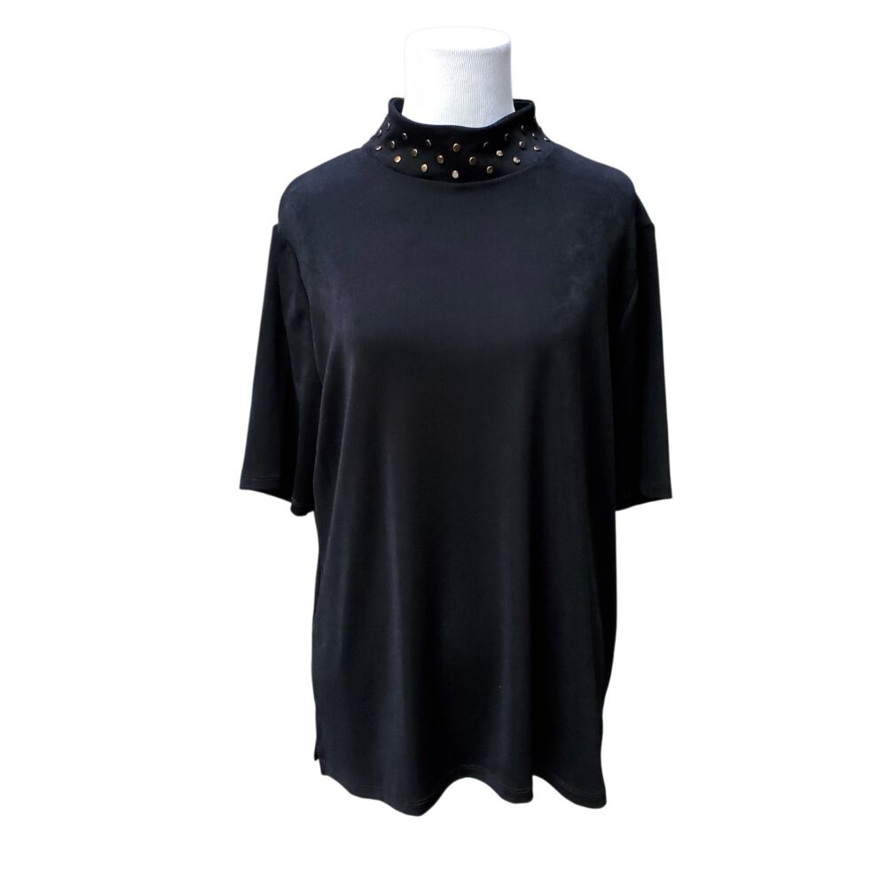 Chico's Travelers Sz 3 Black Studded Mock Neck Top Short Sleeve Chicos XLP 16P